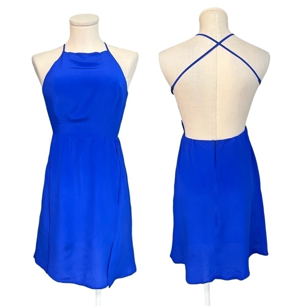 DOLCE VITA cobalt blue spaghetti straps short silk dress with open back